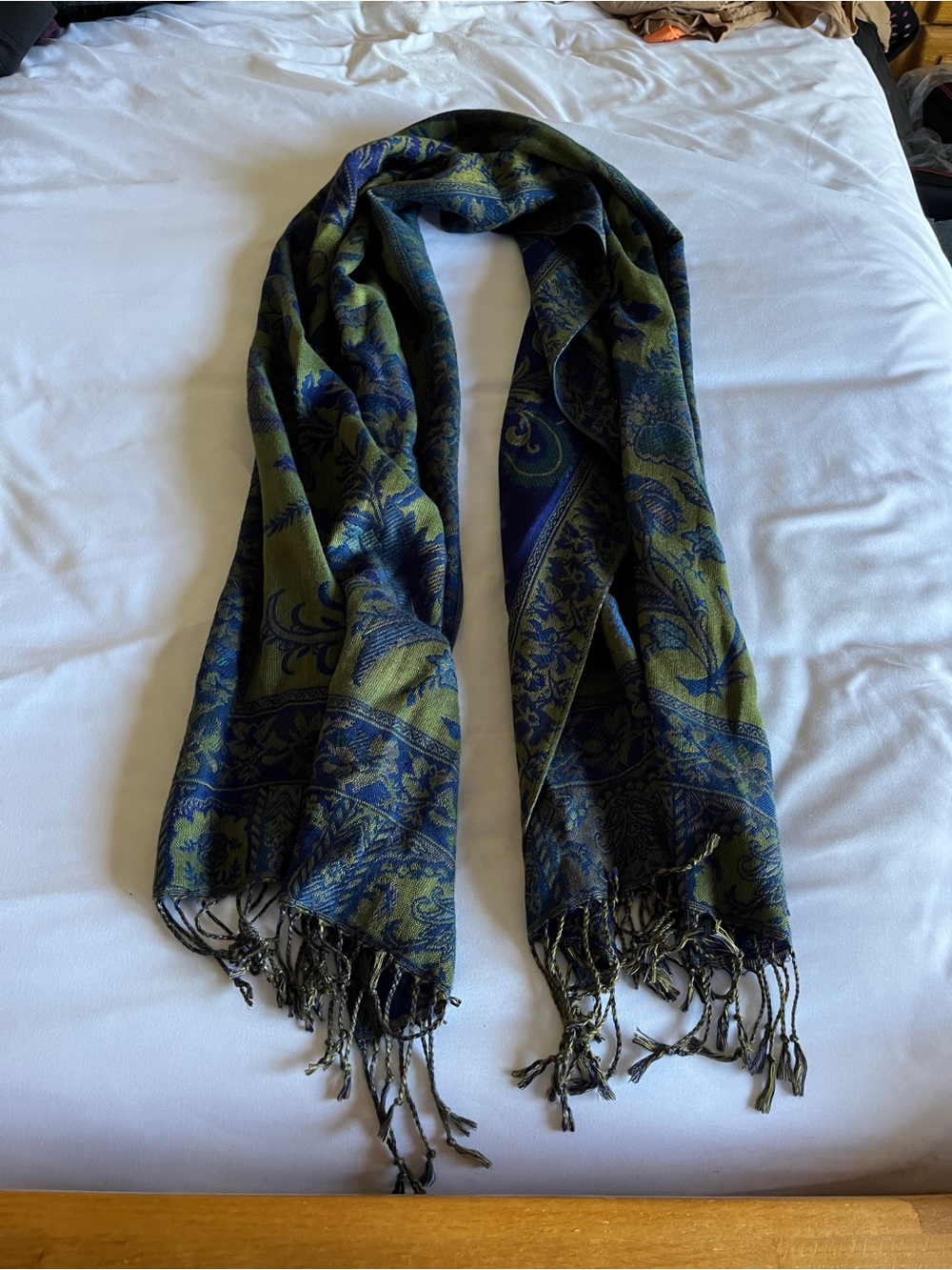 Blue and Olive Paisley Fringe Wrap Scarf - Women Accessories